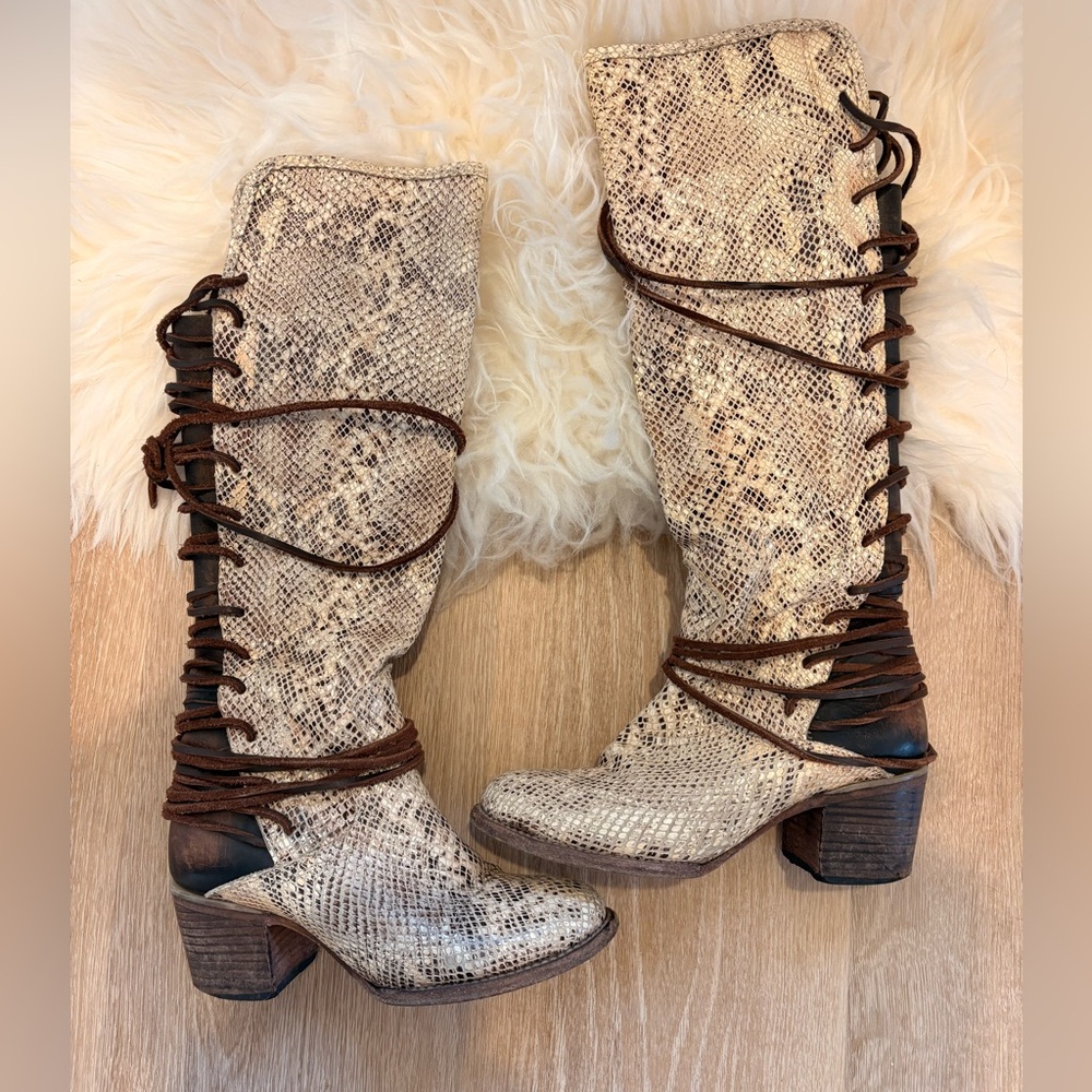 Freebird Snakeskin Lace-Up Heeled Boots